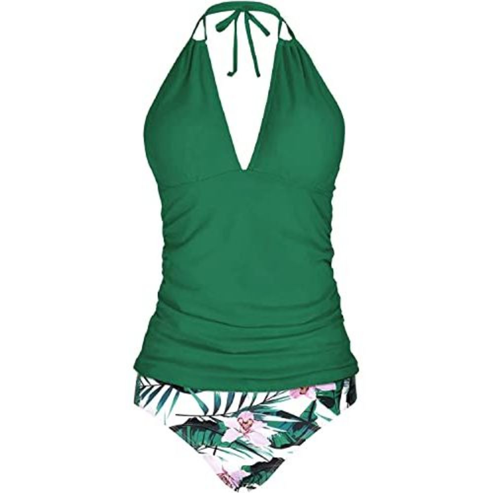 Yonique Womens Two Piece Swimsuits Green Tummy Control Tankini Plus Size Bathing
